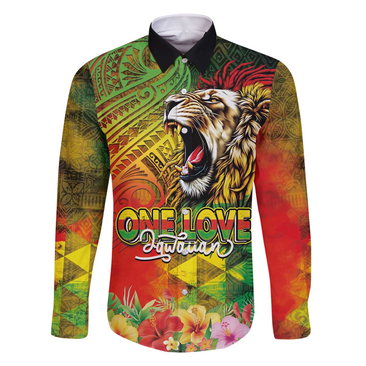 Hawaiian Reggae Family Matching Off The Shoulder Long Sleeve Dress and Hawaiian Shirt Jawaiian One Love-Tribal Tatoos and Rastafari Lion - Polynesian Pride