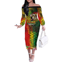 Hawaiian Reggae Family Matching Off The Shoulder Long Sleeve Dress and Hawaiian Shirt Jawaiian One Love-Tribal Tatoos and Rastafari Lion - Polynesian Pride