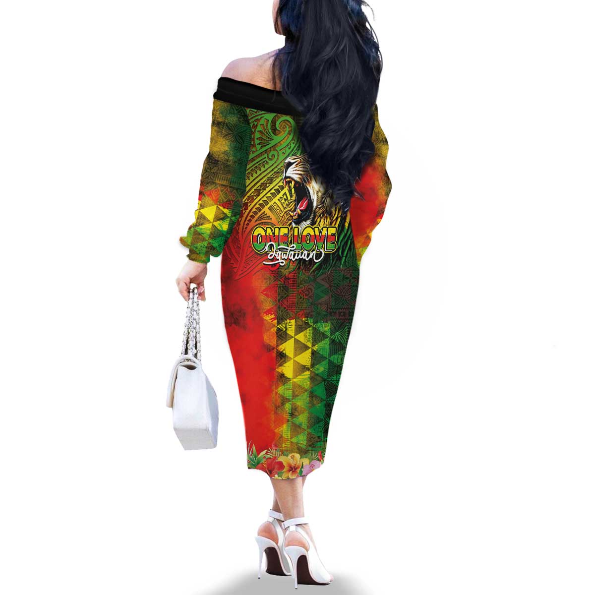 Hawaiian Reggae Family Matching Off The Shoulder Long Sleeve Dress and Hawaiian Shirt Jawaiian One Love-Tribal Tatoos and Rastafari Lion - Polynesian Pride
