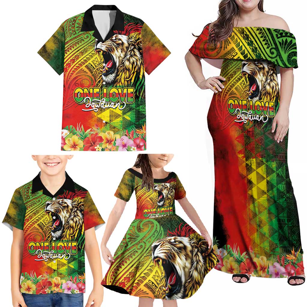 Hawaiian Reggae Family Matching Off Shoulder Maxi Dress and Hawaiian Shirt Jawaiian One Love-Tribal Tatoos and Rastafari Lion - Polynesian Pride
