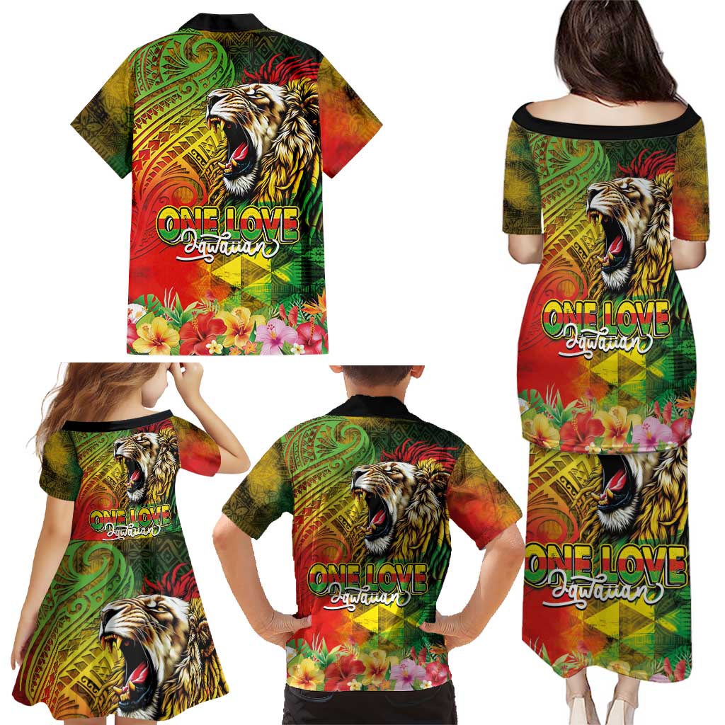 Hawaiian Reggae Family Matching Puletasi and Hawaiian Shirt Jawaiian One Love-Tribal Tatoos and Rastafari Lion - Polynesian Pride