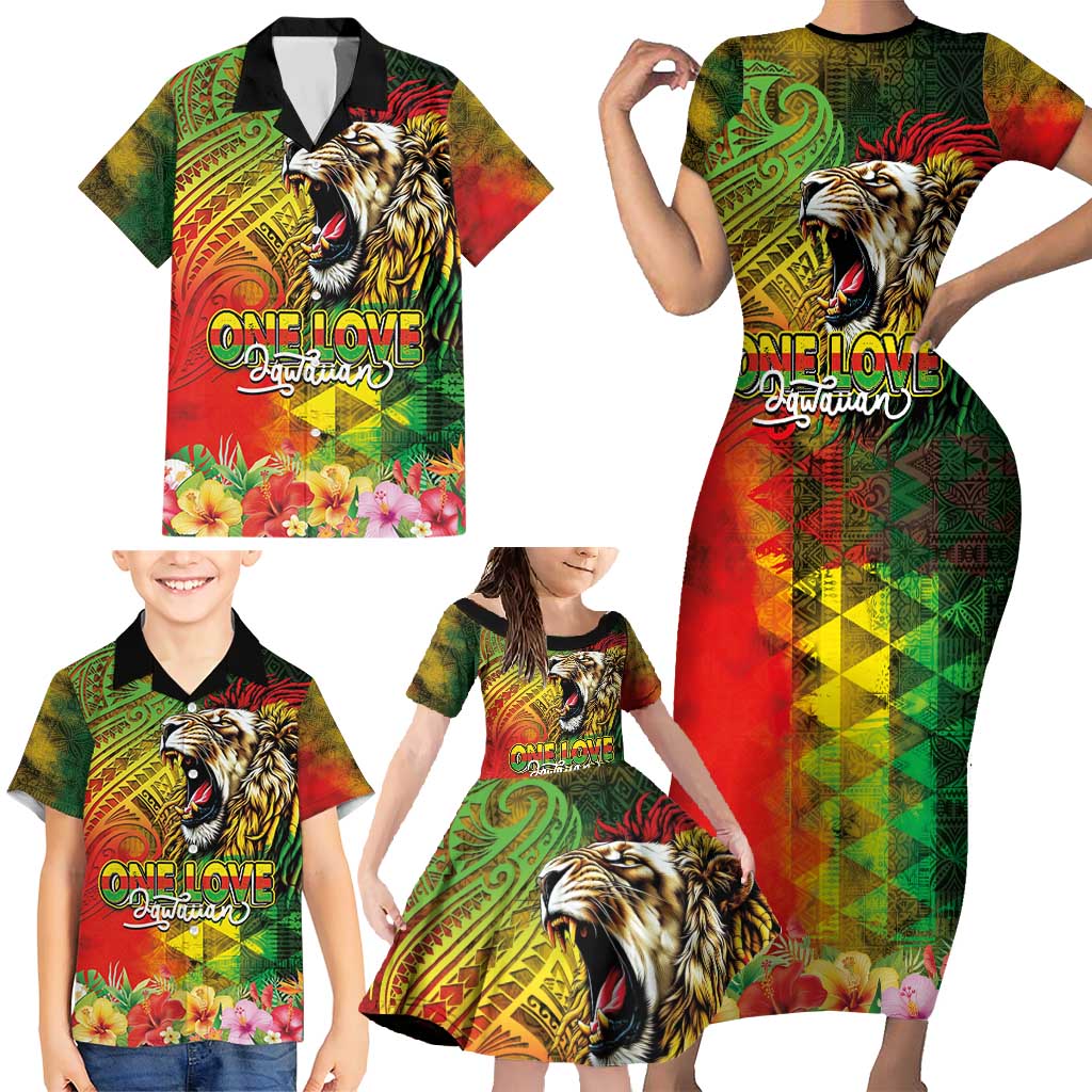 Hawaiian Reggae Family Matching Short Sleeve Bodycon Dress and Hawaiian Shirt Jawaiian One Love-Tribal Tatoos and Rastafari Lion - Polynesian Pride