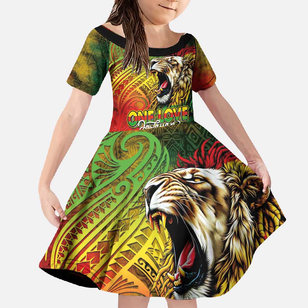 Hawaiian Reggae Family Matching Summer Maxi Dress and Hawaiian Shirt Jawaiian One Love-Tribal Tatoos and Rastafari Lion - Polynesian Pride