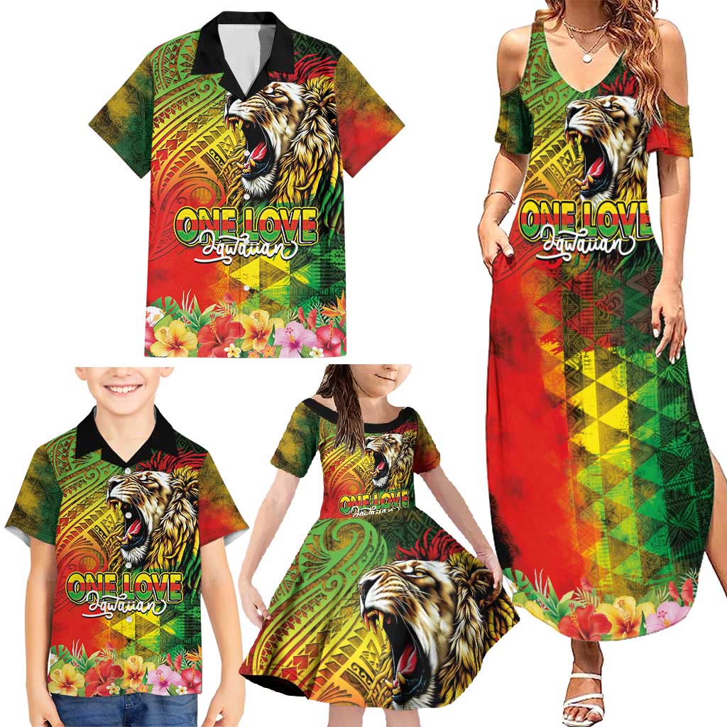 Hawaiian Reggae Family Matching Summer Maxi Dress and Hawaiian Shirt Jawaiian One Love-Tribal Tatoos and Rastafari Lion - Polynesian Pride