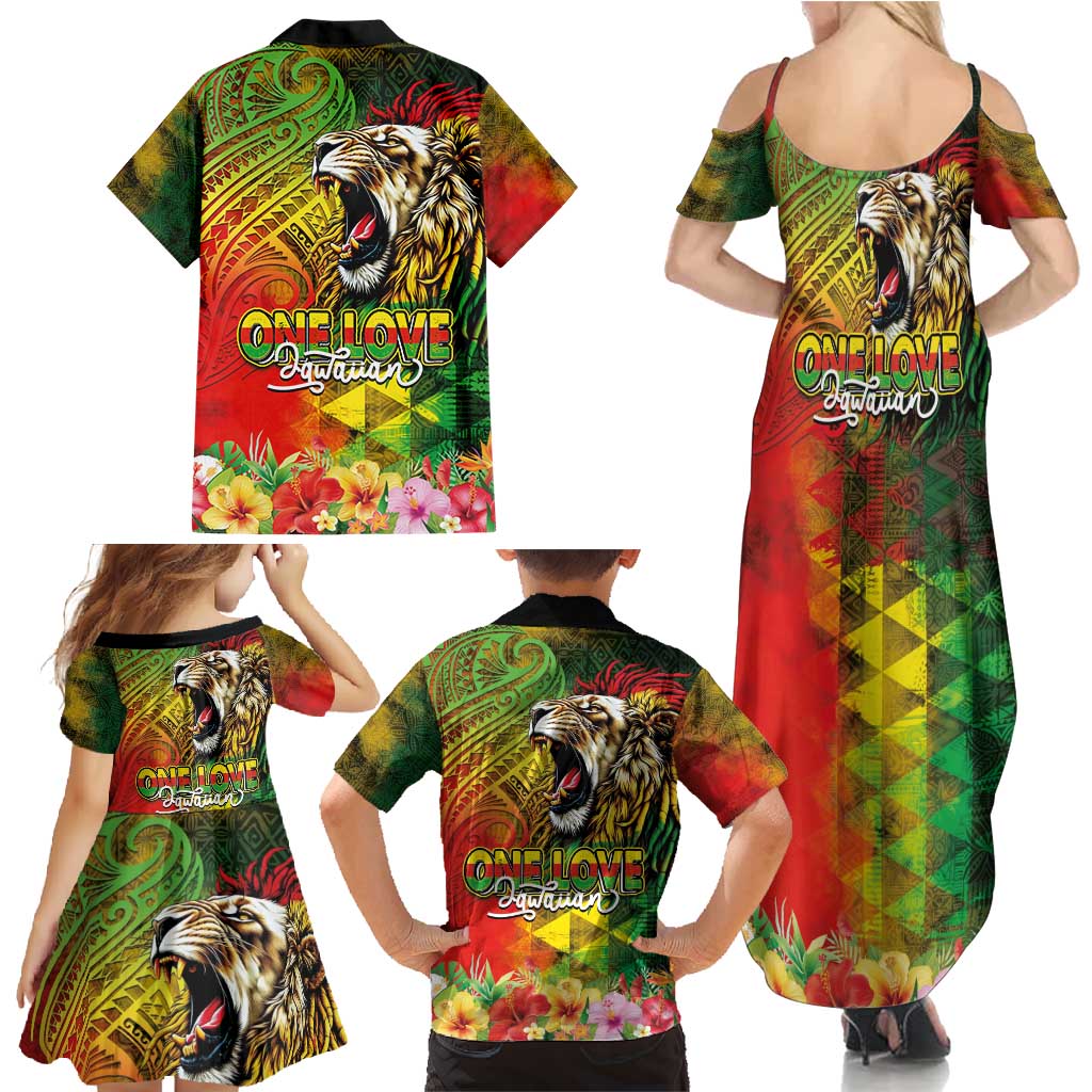 Hawaiian Reggae Family Matching Summer Maxi Dress and Hawaiian Shirt Jawaiian One Love-Tribal Tatoos and Rastafari Lion - Polynesian Pride