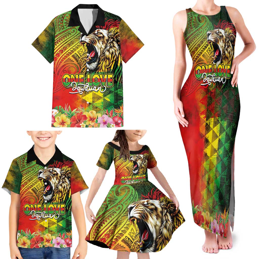 Hawaiian Reggae Family Matching Tank Maxi Dress and Hawaiian Shirt Jawaiian One Love-Tribal Tatoos and Rastafari Lion - Polynesian Pride