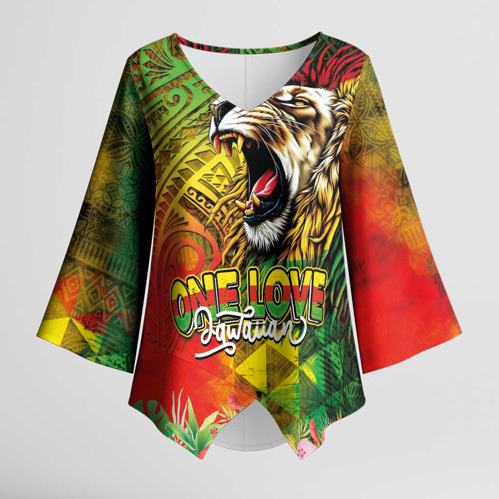 Hawaiian Reggae Kimono Sleeve Blouse Jawaiian One Love-Tribal Tatoos and Rastafari Lion LT03 Female Multicolor - Polynesian Pride