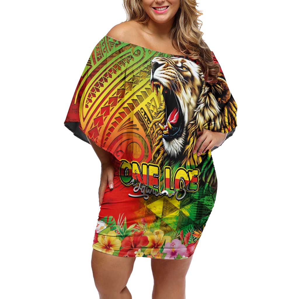 Hawaiian Reggae Off Shoulder Short Dress Jawaiian One Love-Tribal Tatoos and Rastafari Lion - Polynesian Pride