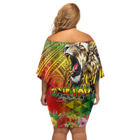 Hawaiian Reggae Off Shoulder Short Dress Jawaiian One Love-Tribal Tatoos and Rastafari Lion - Polynesian Pride