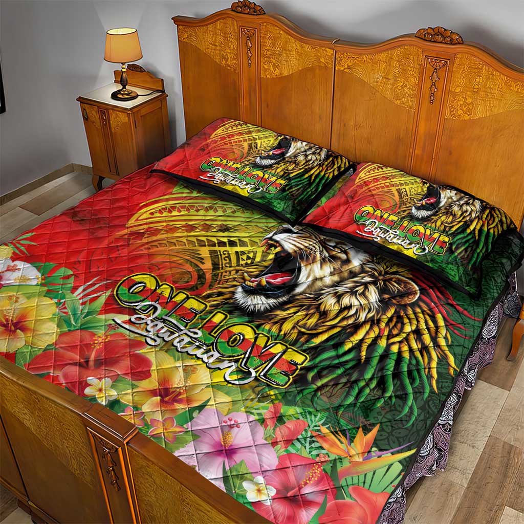 Hawaiian Reggae Quilt Bed Set Jawaiian One Love-Tribal Tatoos and Rastafari Lion - Polynesian Pride
