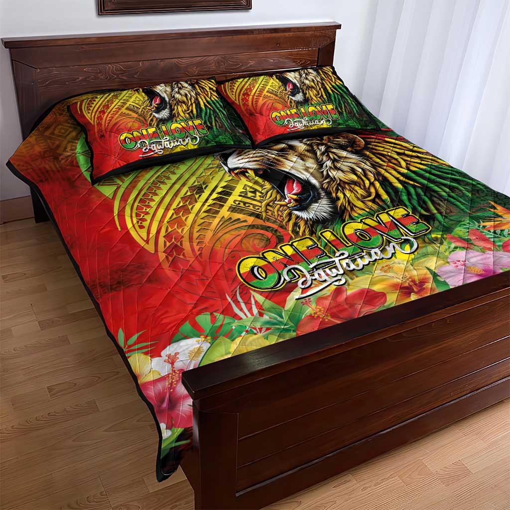 Hawaiian Reggae Quilt Bed Set Jawaiian One Love-Tribal Tatoos and Rastafari Lion - Polynesian Pride
