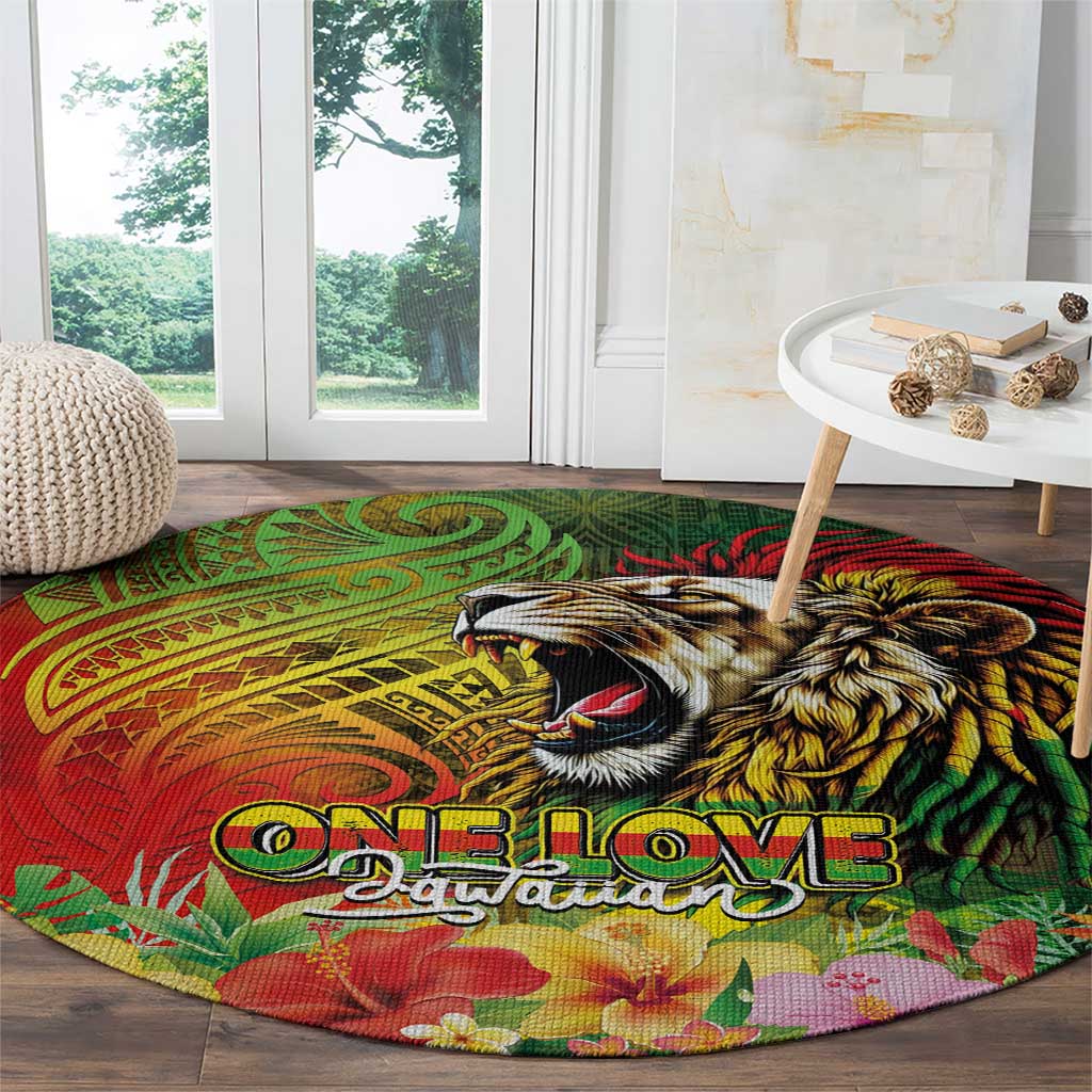 Hawaiian Reggae Round Carpet Jawaiian One Love-Tribal Tatoos and Rastafari Lion - Polynesian Pride