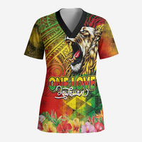 Hawaiian Reggae Scrub Top Jawaiian One Love-Tribal Tatoos and Rastafari Lion LT03 Adult Multicolor - Polynesian Pride