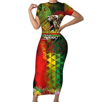 Hawaiian Reggae Short Sleeve Bodycon Dress Jawaiian One Love-Tribal Tatoos and Rastafari Lion - Polynesian Pride