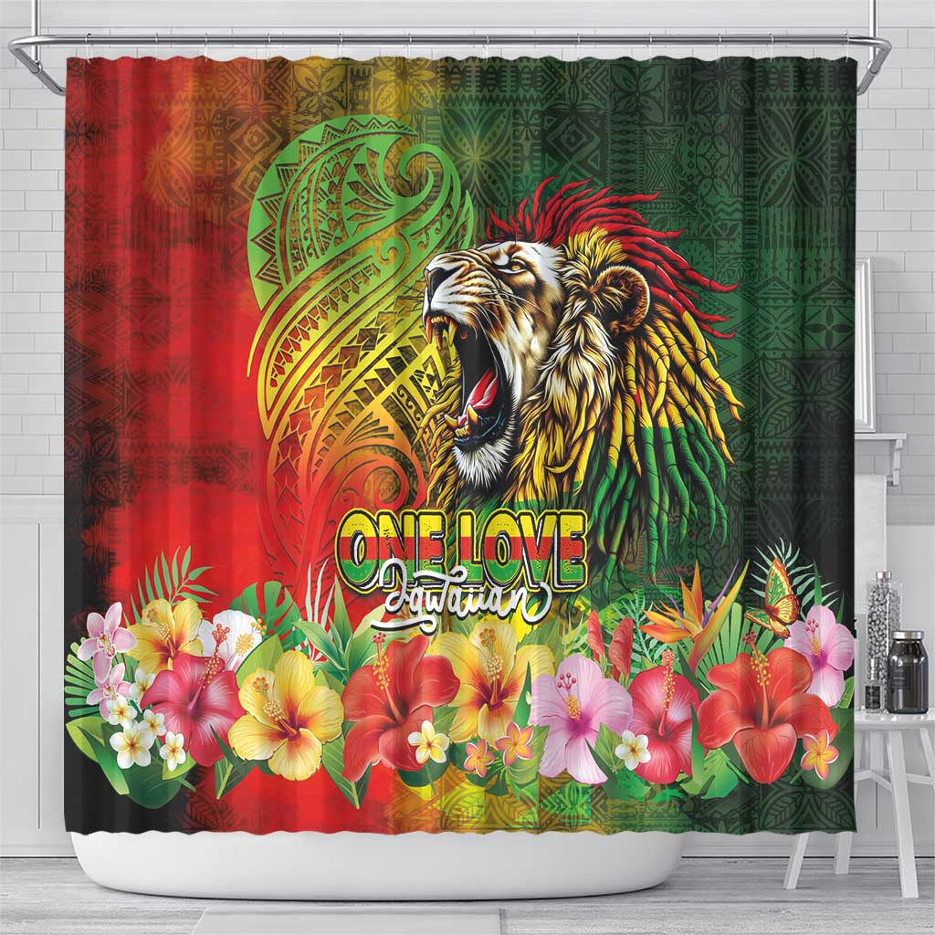 Hawaiian Reggae Shower Curtain Jawaiian One Love-Tribal Tatoos and Rastafari Lion - Polynesian Pride