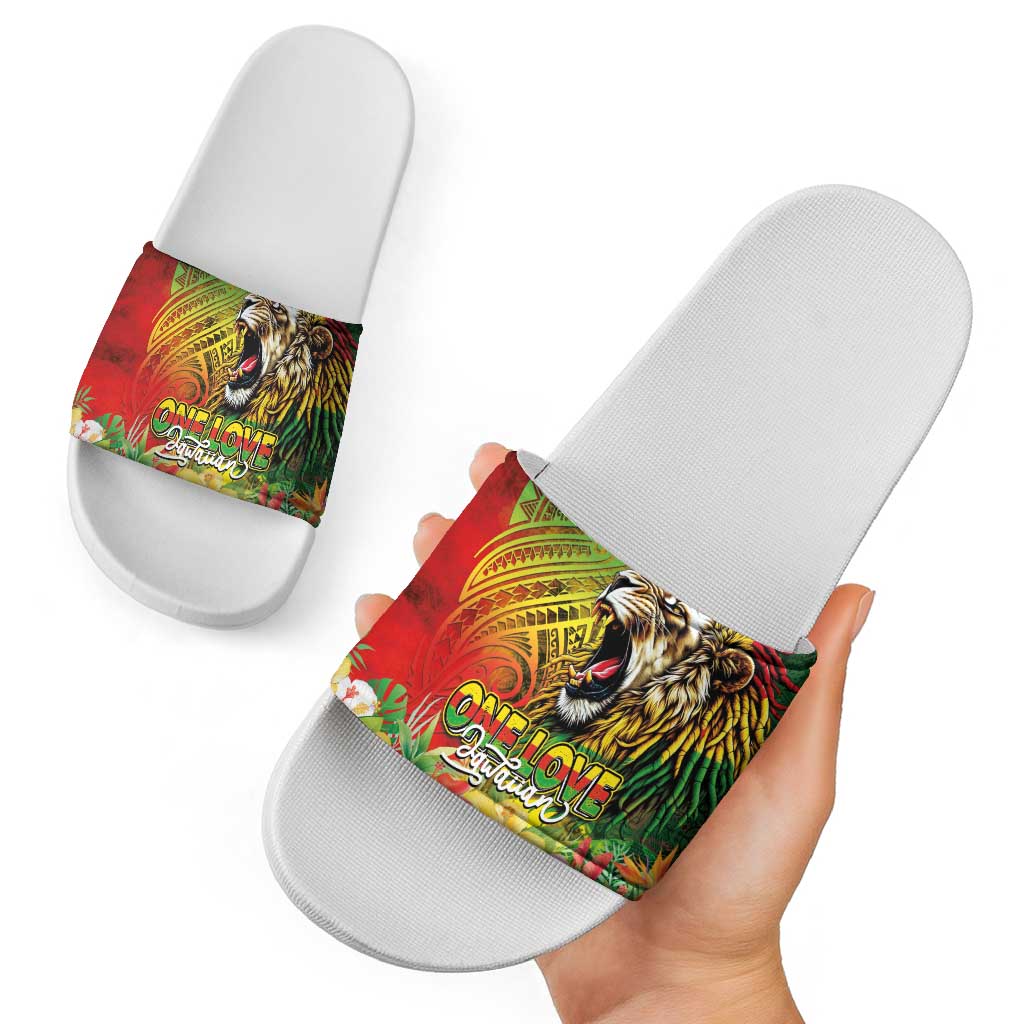 Hawaiian Reggae Slide Sandals Jawaiian One Love-Tribal Tatoos and Rastafari Lion - Polynesian Pride