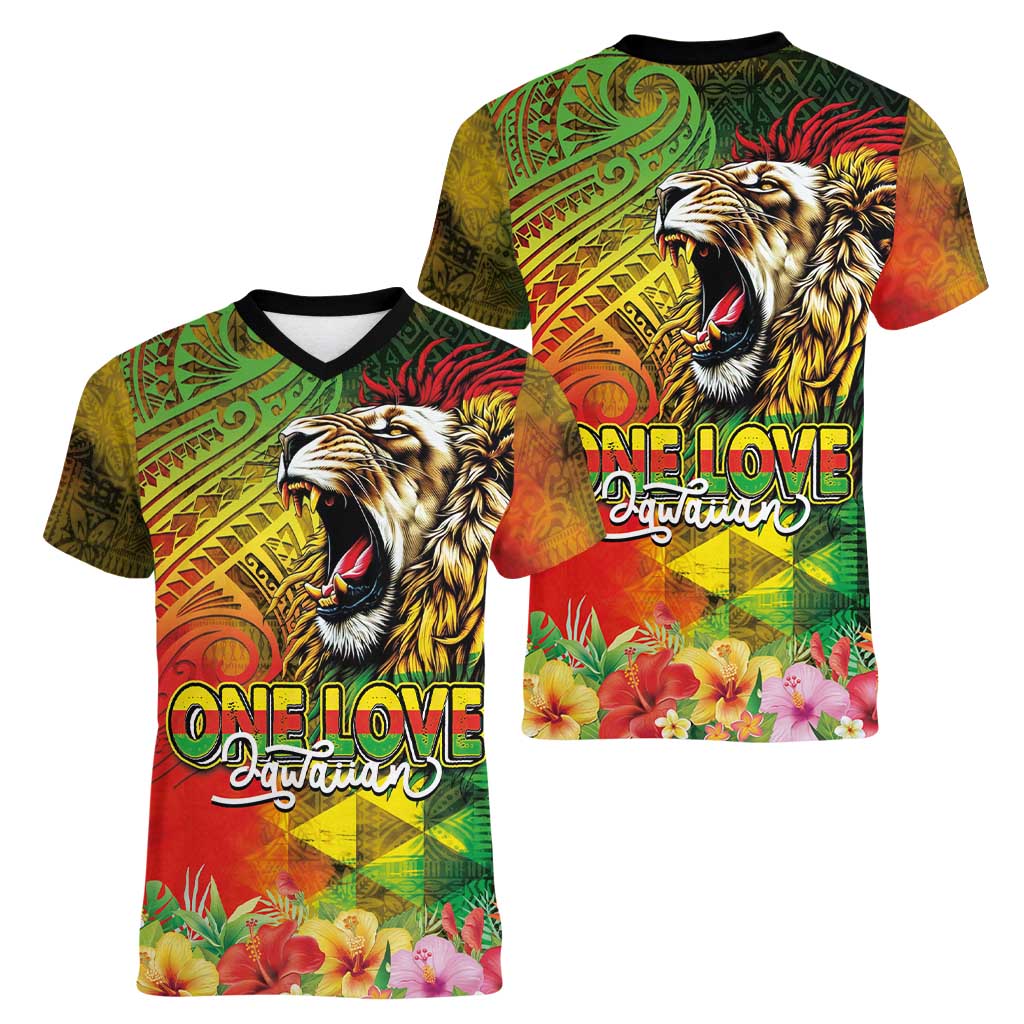 Hawaiian Reggae Women V-Neck T-Shirt Jawaiian One Love-Tribal Tatoos and Rastafari Lion - Polynesian Pride