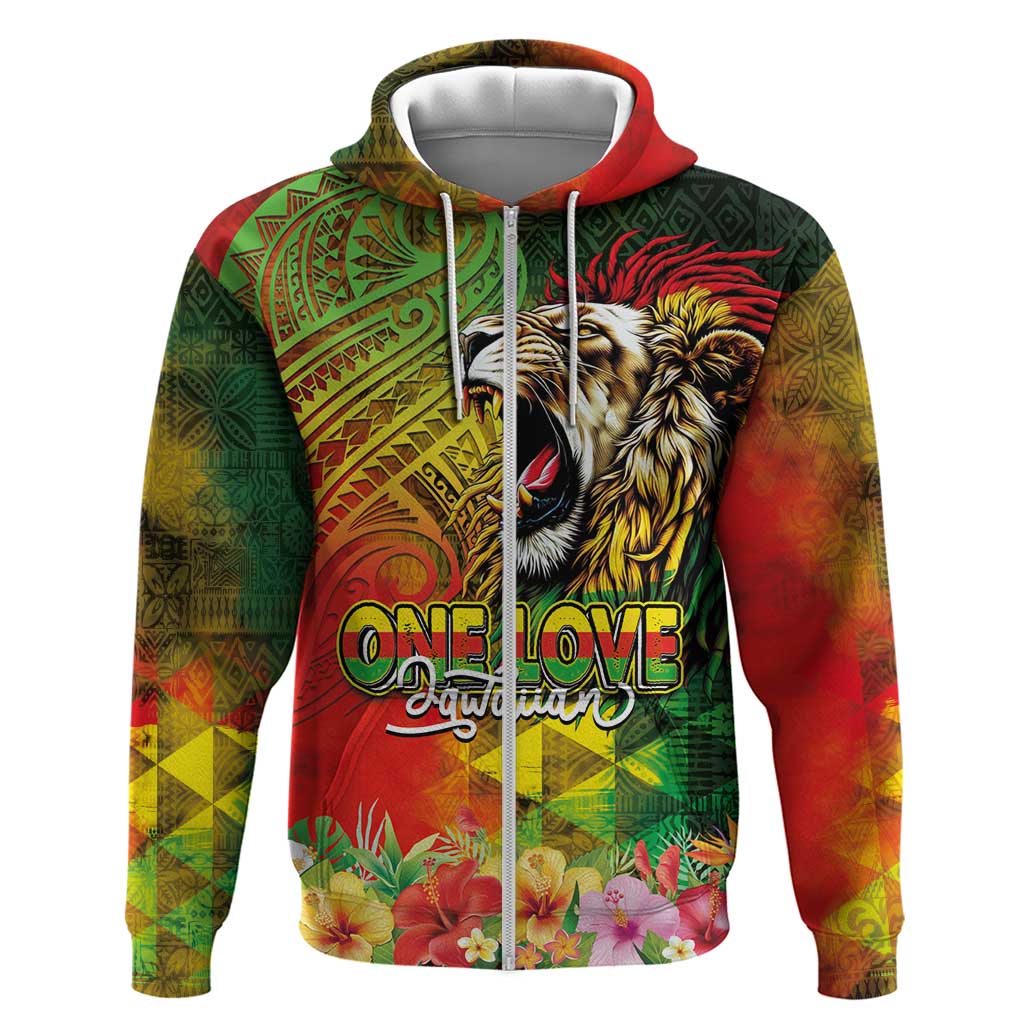 Hawaiian Reggae Zip Hoodie Jawaiian One Love-Tribal Tatoos and Rastafari Lion LT03 Zip Hoodie Multicolor - Polynesian Pride