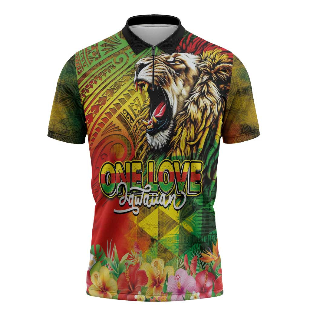 Hawaiian Reggae Zipper Polo Shirt Jawaiian One Love-Tribal Tatoos and Rastafari Lion - Polynesian Pride