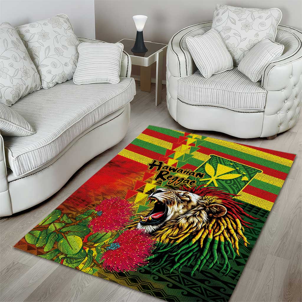 Hawaiian Reggae Area Rug Kakau Art Motifs with Ohia Lehua and Rastafari Lion - Polynesian Pride