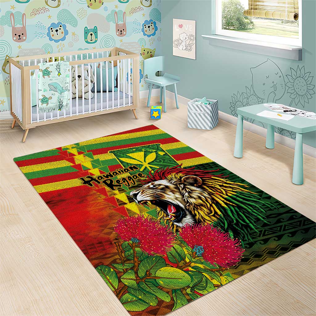 Hawaiian Reggae Area Rug Kakau Art Motifs with Ohia Lehua and Rastafari Lion - Polynesian Pride