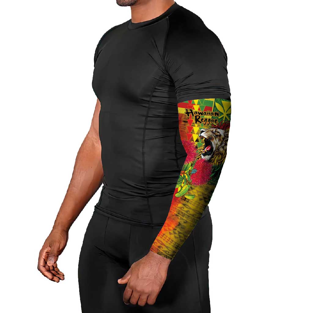 Hawaiian Reggae Arm Sleeves Kakau Art Motifs with Ohia Lehua and Rastafari Lion - Polynesian Pride