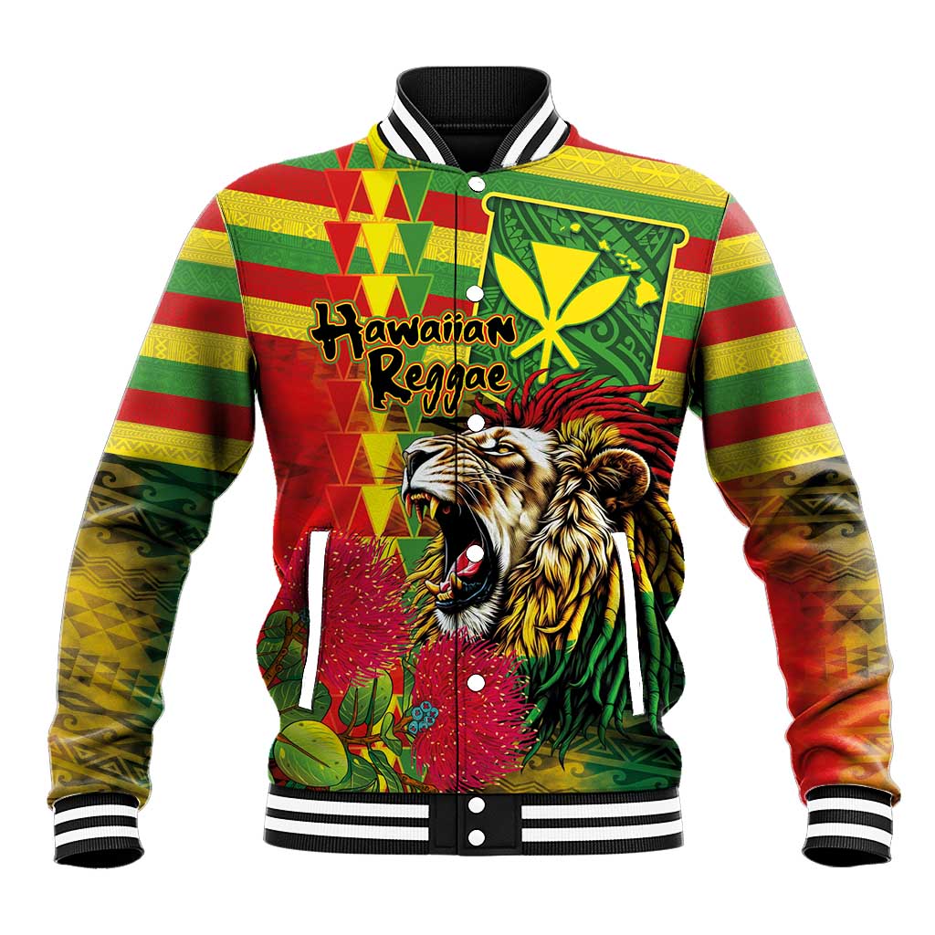 Hawaiian Reggae Baseball Jacket Kakau Art Motifs with Ohia Lehua and Rastafari Lion LT03 Unisex Multicolor - Polynesian Pride