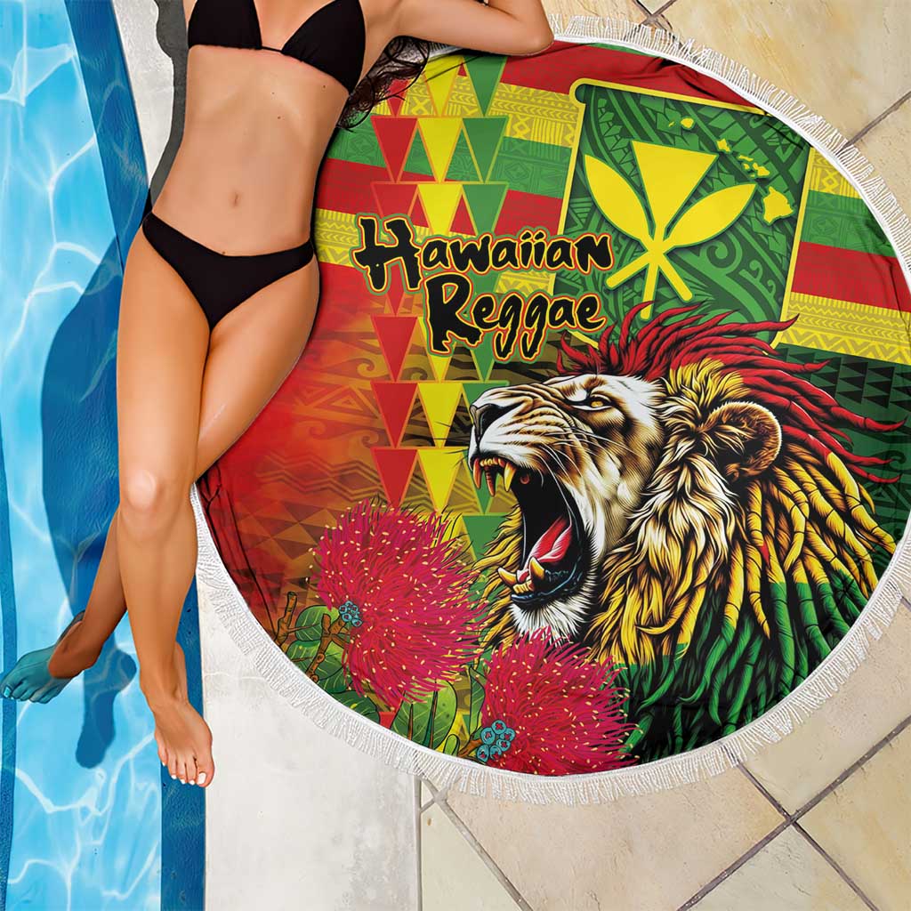 Hawaiian Reggae Beach Blanket Kakau Art Motifs with Ohia Lehua and Rastafari Lion - Polynesian Pride