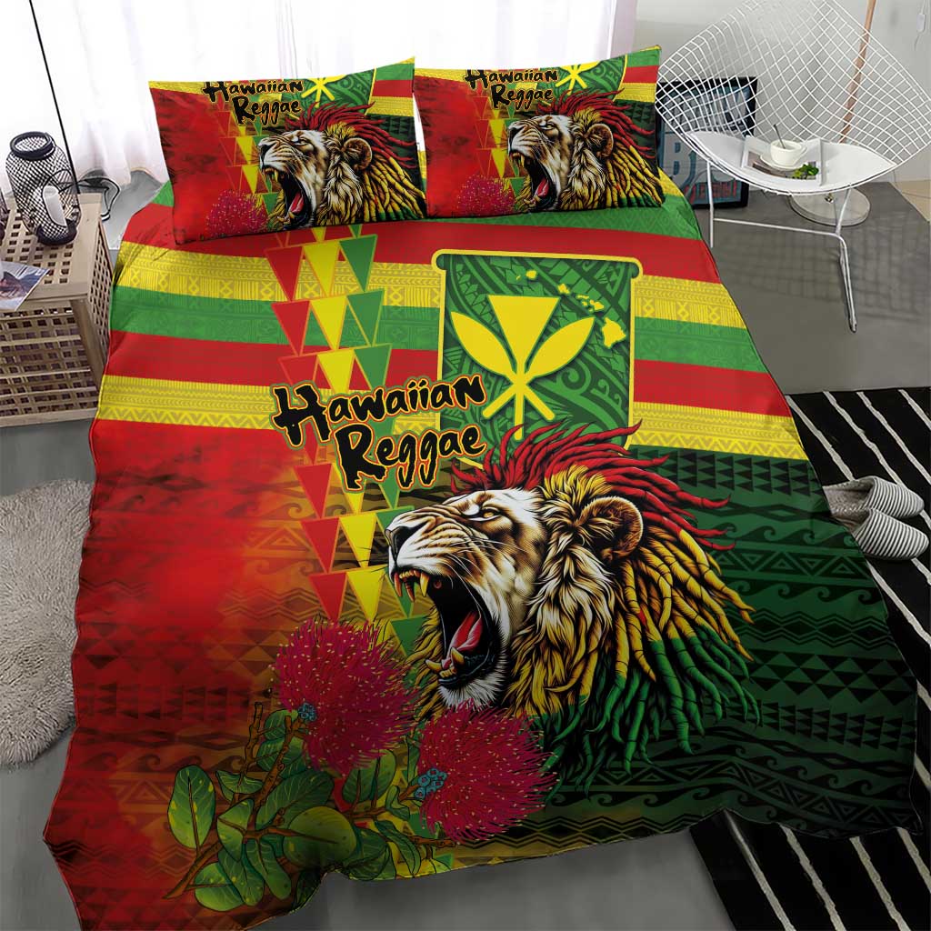 Hawaiian Reggae Bedding Set Kakau Art Motifs with Ohia Lehua and Rastafari Lion - Polynesian Pride