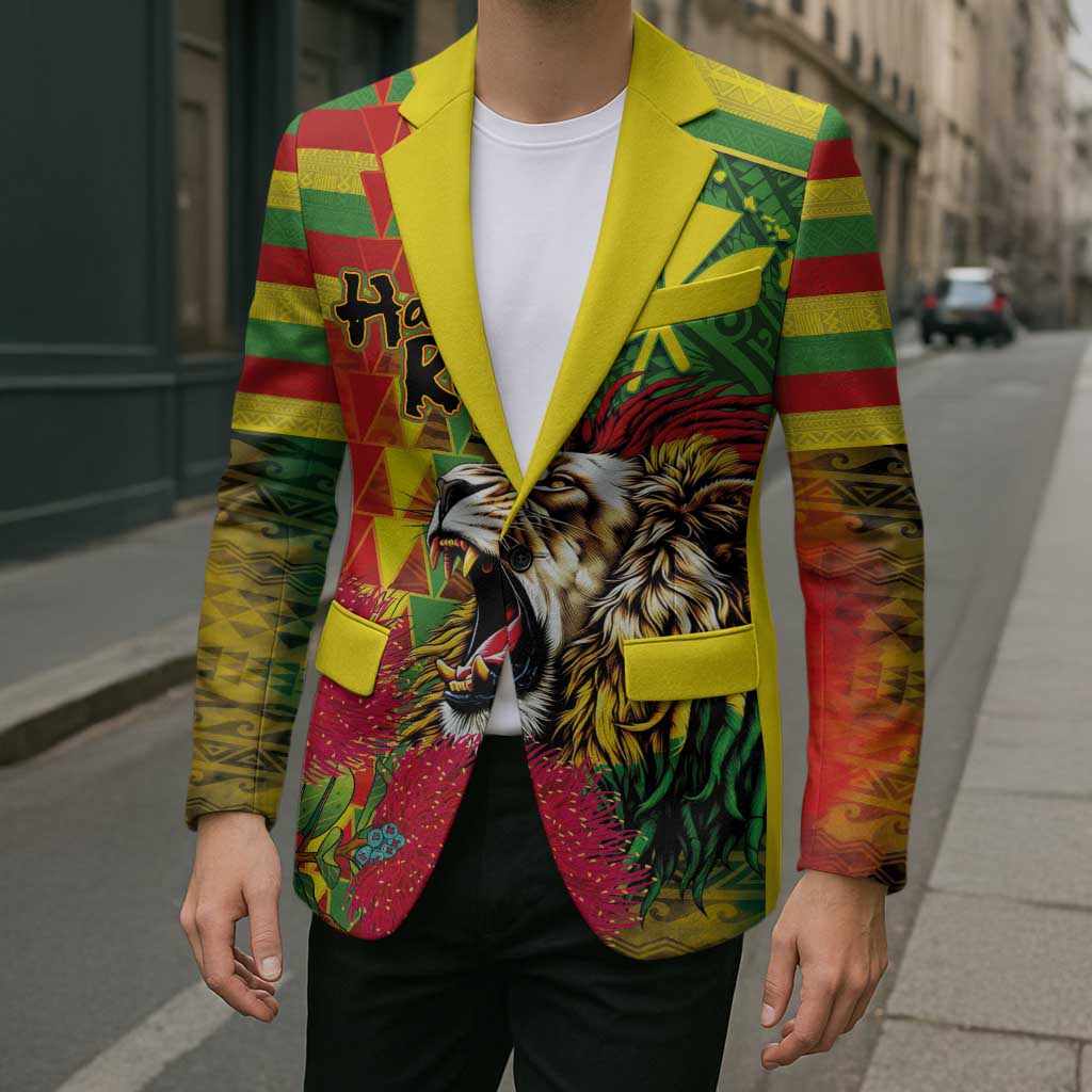 Hawaiian Reggae Blazer Kakau Art Motifs with Ohia Lehua and Rastafari Lion - Polynesian Pride