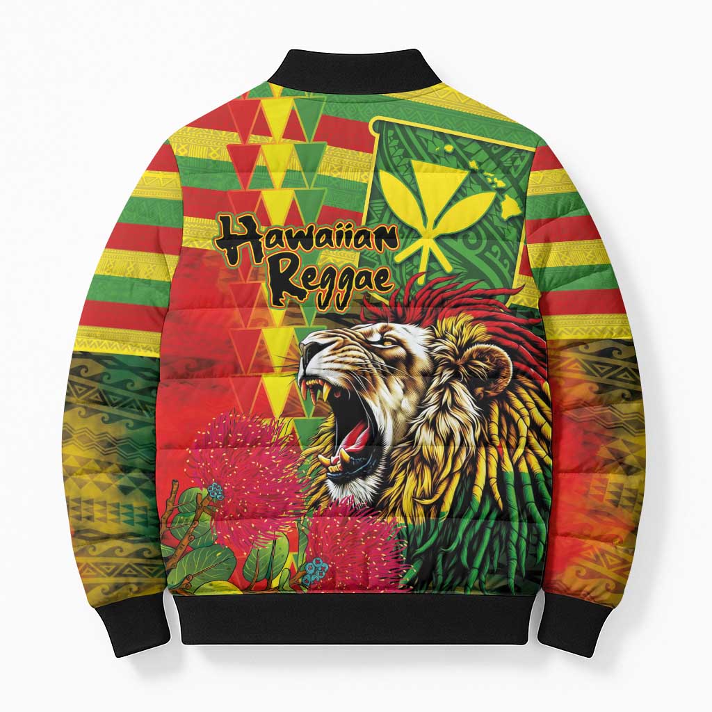 Hawaiian Reggae Bomber Puffer Jacket Kakau Art Motifs with Ohia Lehua and Rastafari Lion LT03 - Polynesian Pride