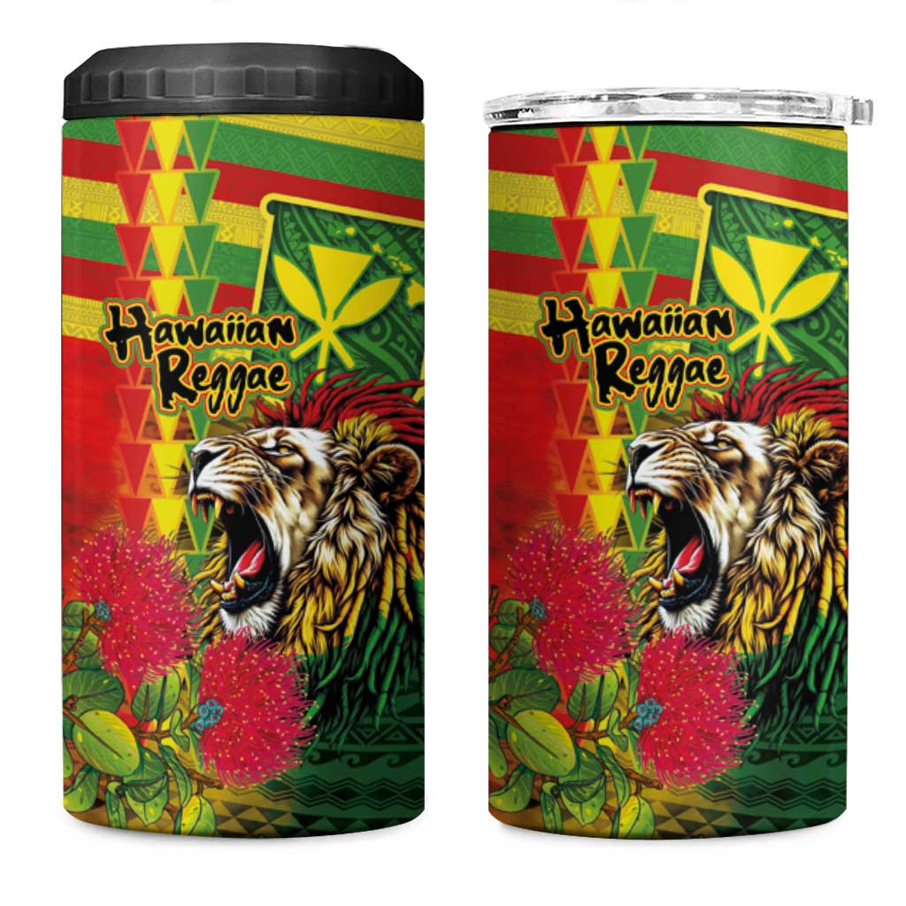 Hawaiian Reggae 4 in 1 Can Cooler Tumbler Kakau Art Motifs with Ohia Lehua and Rastafari Lion - Polynesian Pride