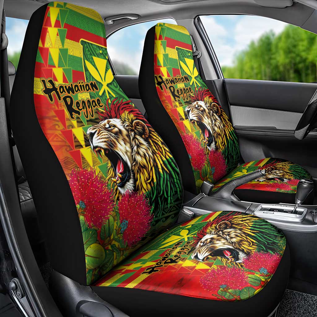 Hawaiian Reggae Car Seat Cover Kakau Art Motifs with Ohia Lehua and Rastafari Lion - Polynesian Pride