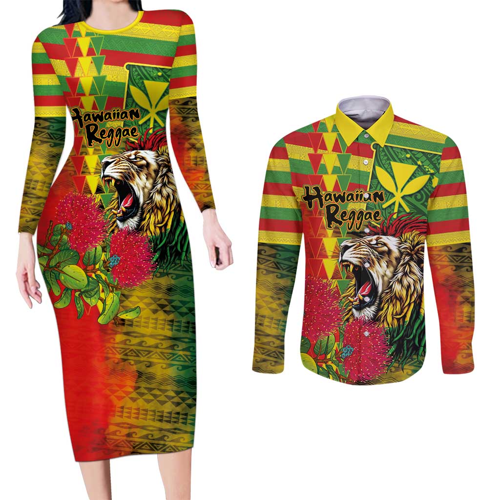 Hawaiian Reggae Couples Matching Long Sleeve Bodycon Dress and Long Sleeve Button Shirt Kakau Art Motifs with Ohia Lehua and Rastafari Lion - Polynesian Pride