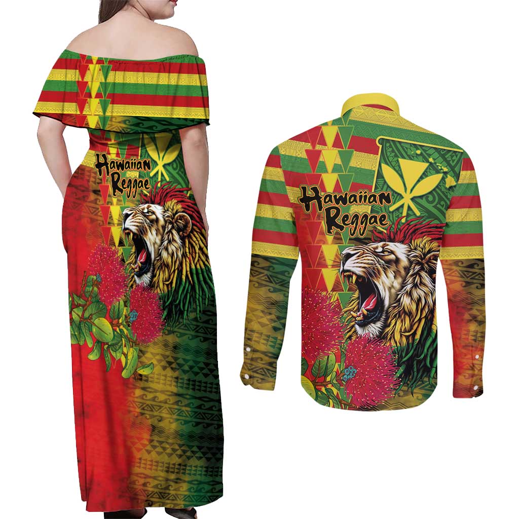 Hawaiian Reggae Couples Matching Off Shoulder Maxi Dress and Long Sleeve Button Shirt Kakau Art Motifs with Ohia Lehua and Rastafari Lion - Polynesian Pride