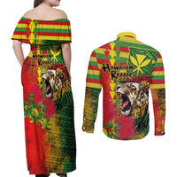 Hawaiian Reggae Couples Matching Off Shoulder Maxi Dress and Long Sleeve Button Shirt Kakau Art Motifs with Ohia Lehua and Rastafari Lion - Polynesian Pride