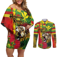 Hawaiian Reggae Couples Matching Off Shoulder Short Dress and Long Sleeve Button Shirt Kakau Art Motifs with Ohia Lehua and Rastafari Lion - Polynesian Pride