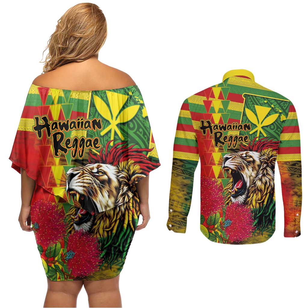 Hawaiian Reggae Couples Matching Off Shoulder Short Dress and Long Sleeve Button Shirt Kakau Art Motifs with Ohia Lehua and Rastafari Lion - Polynesian Pride