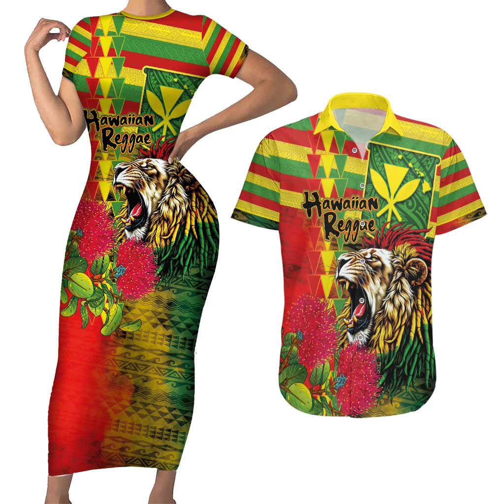 Hawaiian Reggae Couples Matching Short Sleeve Bodycon Dress and Hawaiian Shirt Kakau Art Motifs with Ohia Lehua and Rastafari Lion - Polynesian Pride
