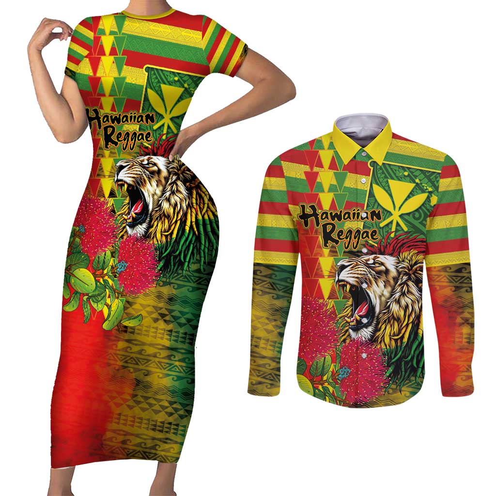 Hawaiian Reggae Couples Matching Short Sleeve Bodycon Dress and Long Sleeve Button Shirt Kakau Art Motifs with Ohia Lehua and Rastafari Lion - Polynesian Pride