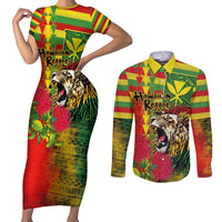 Hawaiian Reggae Couples Matching Short Sleeve Bodycon Dress and Long Sleeve Button Shirt Kakau Art Motifs with Ohia Lehua and Rastafari Lion - Polynesian Pride