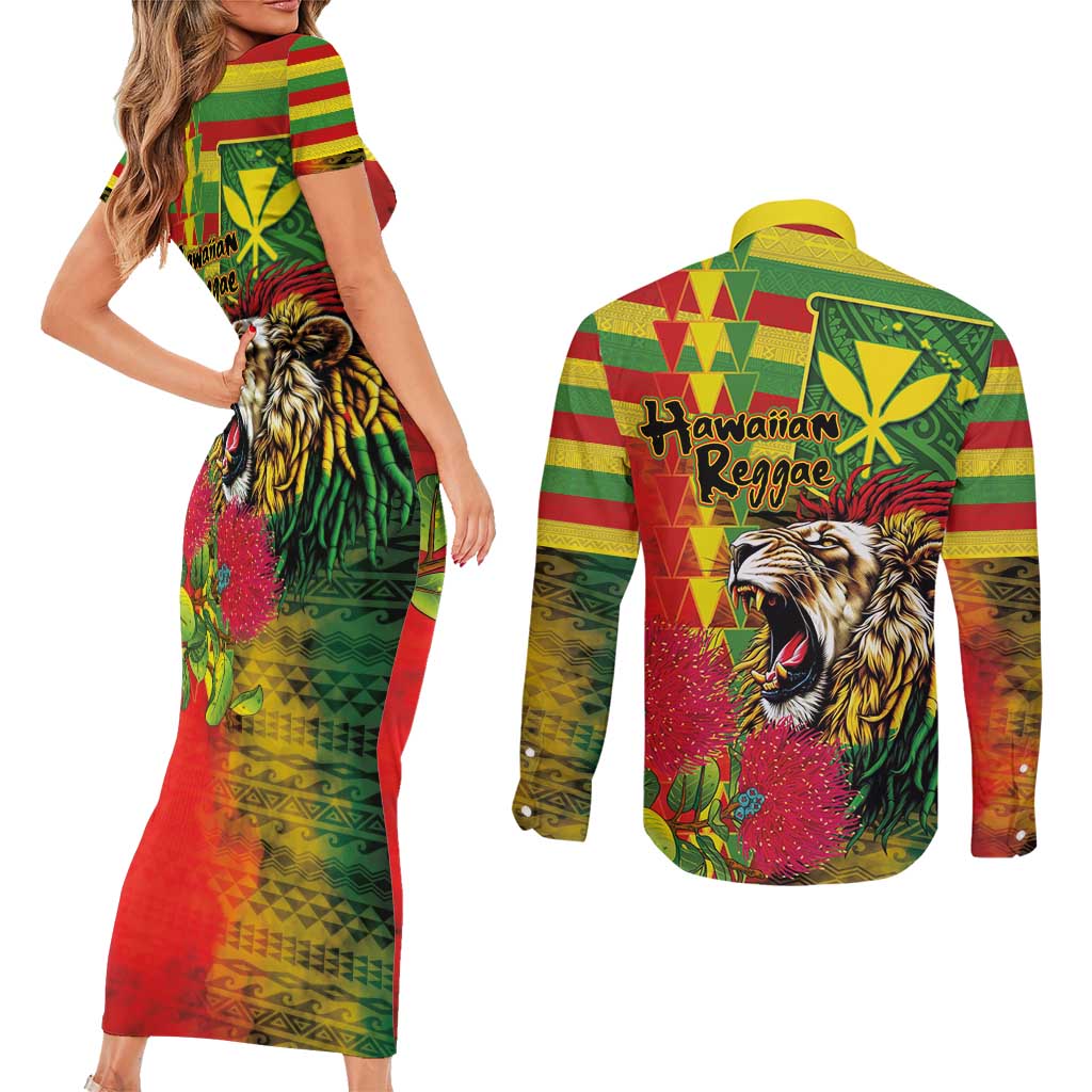 Hawaiian Reggae Couples Matching Short Sleeve Bodycon Dress and Long Sleeve Button Shirt Kakau Art Motifs with Ohia Lehua and Rastafari Lion - Polynesian Pride