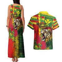 Hawaiian Reggae Couples Matching Tank Maxi Dress and Hawaiian Shirt Kakau Art Motifs with Ohia Lehua and Rastafari Lion - Polynesian Pride