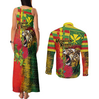 Hawaiian Reggae Couples Matching Tank Maxi Dress and Long Sleeve Button Shirt Kakau Art Motifs with Ohia Lehua and Rastafari Lion - Polynesian Pride