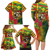 Hawaiian Reggae Family Matching Long Sleeve Bodycon Dress and Hawaiian Shirt Kakau Art Motifs with Ohia Lehua and Rastafari Lion - Polynesian Pride