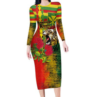 Hawaiian Reggae Family Matching Long Sleeve Bodycon Dress and Hawaiian Shirt Kakau Art Motifs with Ohia Lehua and Rastafari Lion - Polynesian Pride