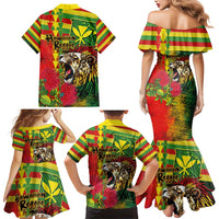 Hawaiian Reggae Family Matching Mermaid Dress and Hawaiian Shirt Kakau Art Motifs with Ohia Lehua and Rastafari Lion - Polynesian Pride