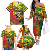 Hawaiian Reggae Family Matching Off The Shoulder Long Sleeve Dress and Hawaiian Shirt Kakau Art Motifs with Ohia Lehua and Rastafari Lion - Polynesian Pride
