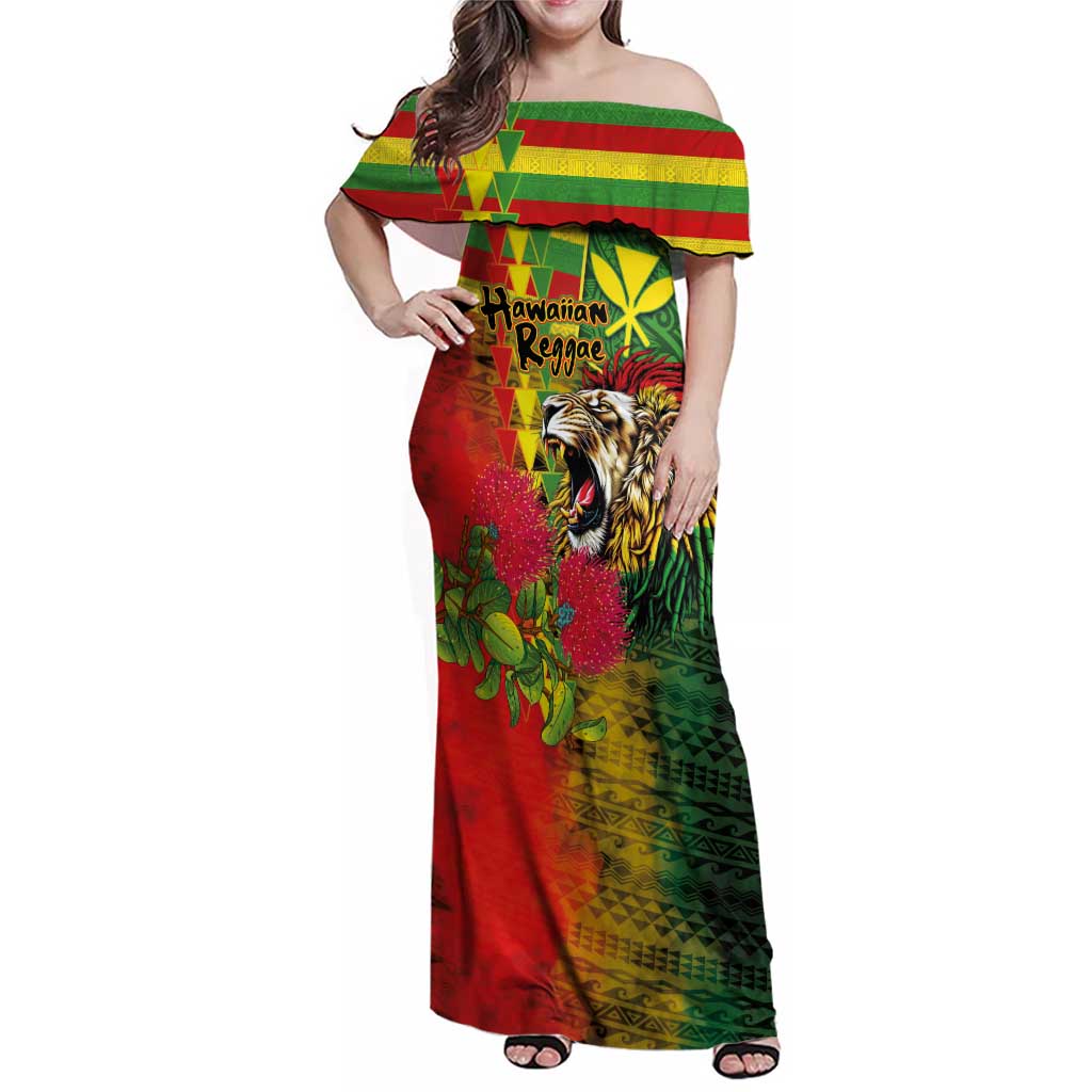 Hawaiian Reggae Family Matching Off Shoulder Maxi Dress and Hawaiian Shirt Kakau Art Motifs with Ohia Lehua and Rastafari Lion - Polynesian Pride