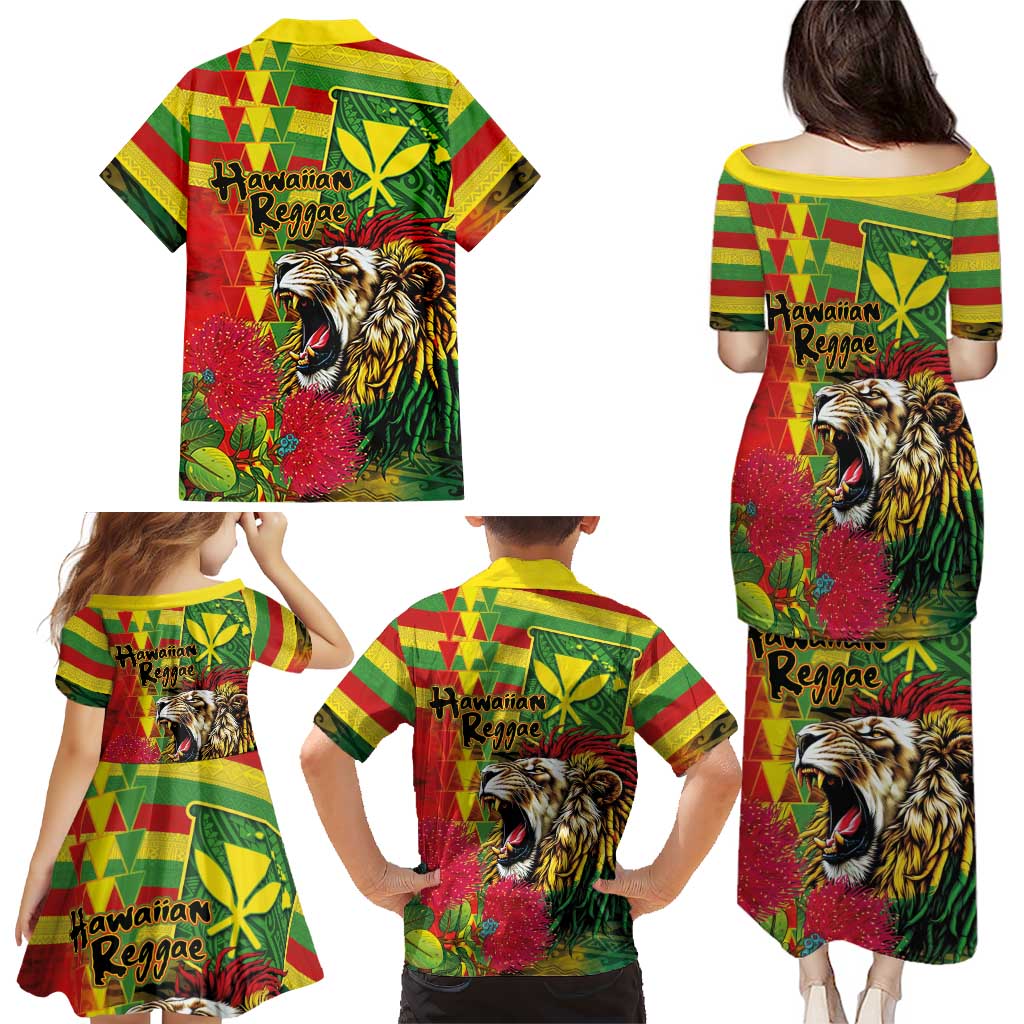 Hawaiian Reggae Family Matching Puletasi and Hawaiian Shirt Kakau Art Motifs with Ohia Lehua and Rastafari Lion - Polynesian Pride